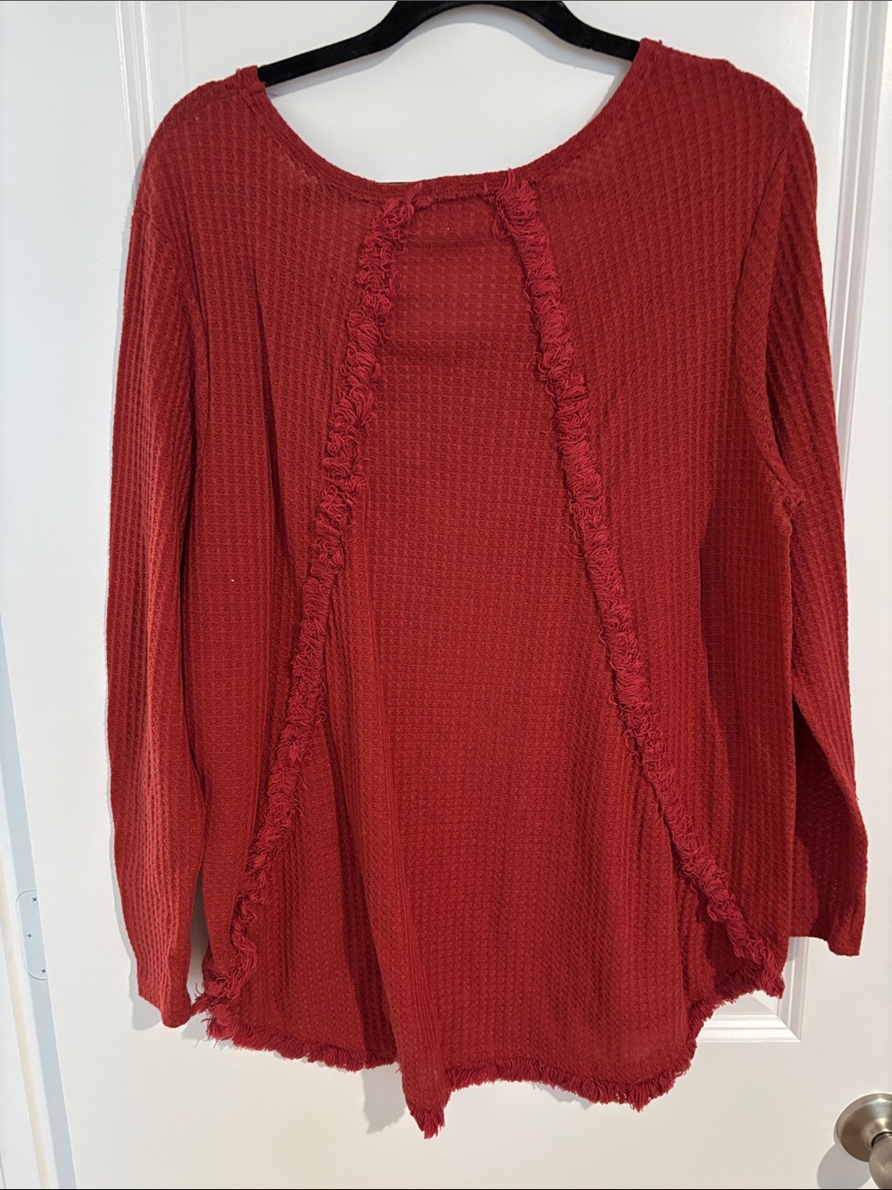 Umgee Brick Red Waffle Knit Long-Sleeve Top with Fringed Hem